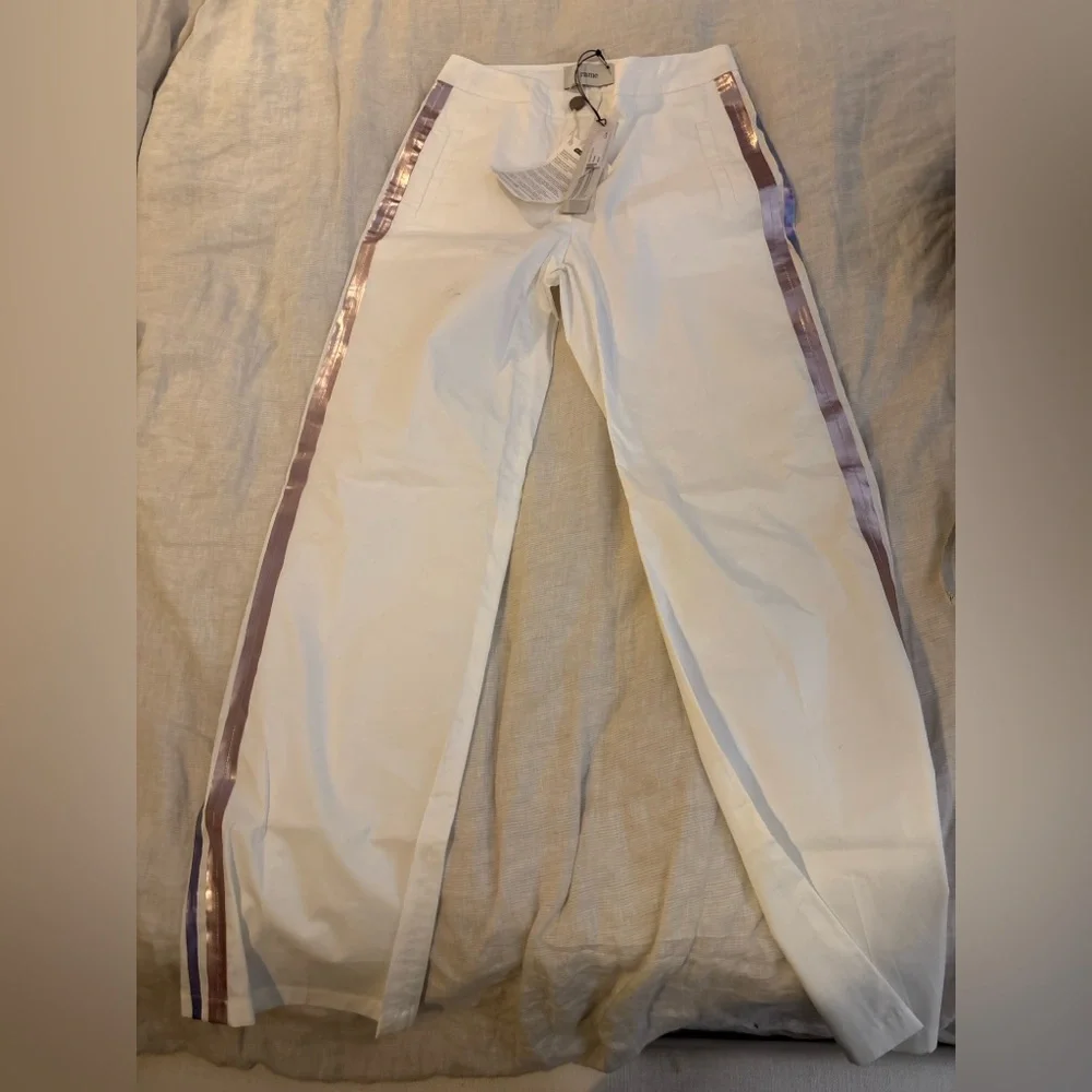 Stylish Y2K-inspired white pants accented with pink purple reflecting stripes - Picture 2 of 8